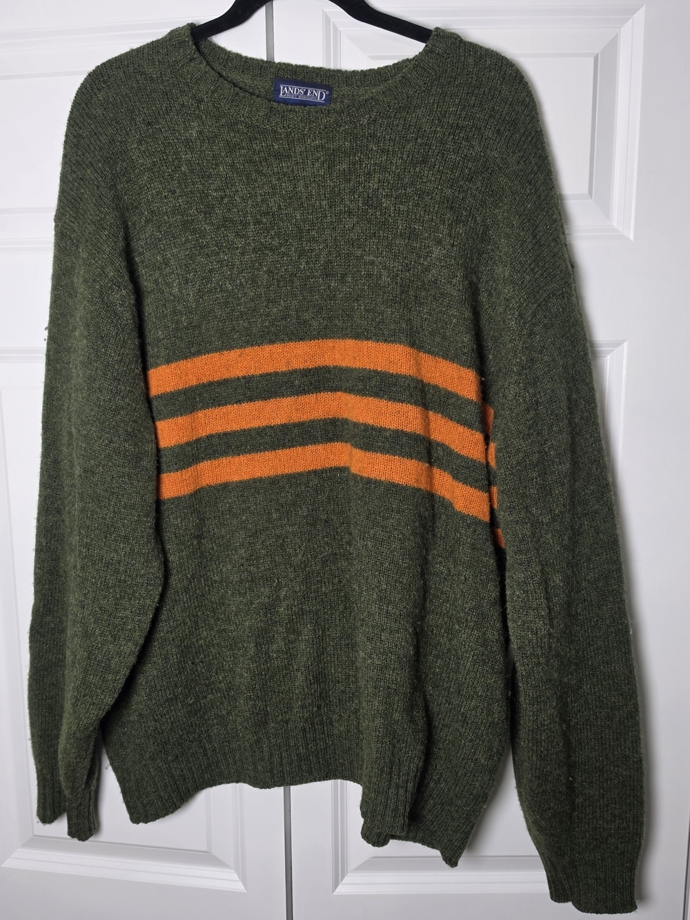 Vintage 90s Lands’ End XL Wool Scotland Olive Orange Stripe Sweater